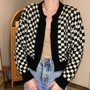Zara Checkered Fuzzy Cardigan